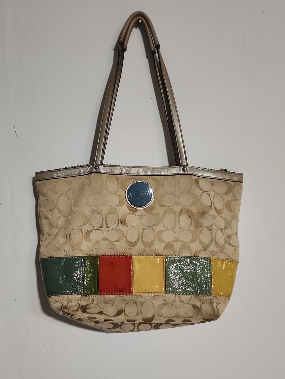 Coach Beige Signature Tote with Green, Red and Yellow Patent Accents